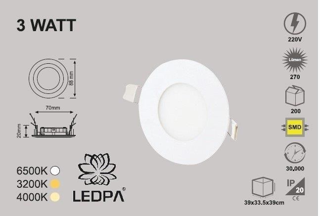3W SLIM LED PANEL SIVA ALTI , 3W PANEL LED 3W 6500KELVIN , BEYAZ