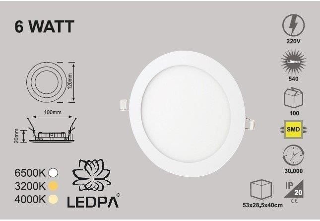 6W SLIM LED PANEL SIVA ALTI , 6W PANEL LED , 6W 6500KELVIN , BEYAZ