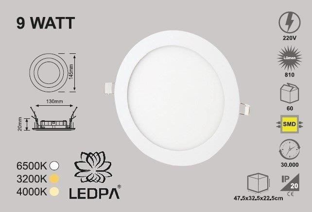 9W SLIM LED PANEL SIVA ALTI , 9W PANEL LED , 9W 4000KELVIN , NATURAL BEYAZ