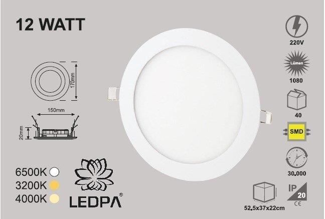 12W SLIM LED PANEL SIVA ALTI , 12W PANEL LED , 12W 6500KELVIN , BEYAZ