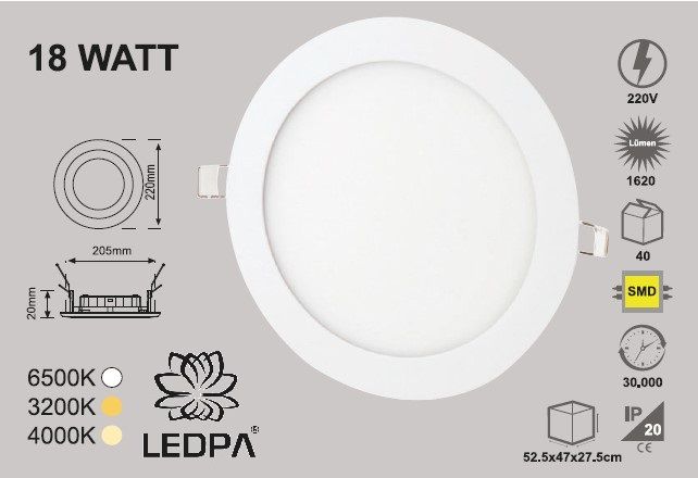 18W SLIM LED PANEL SIVA ALTI , 18W PANEL LED , 18W 3200KELVIN , GÜNIŞIĞI