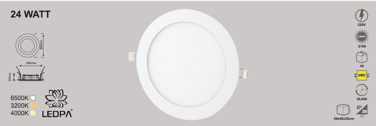 24W SLIM LED PANEL SIVA ALTI , 24W PANEL LED , 24W 3200KELVIN , GÜNIŞIĞI