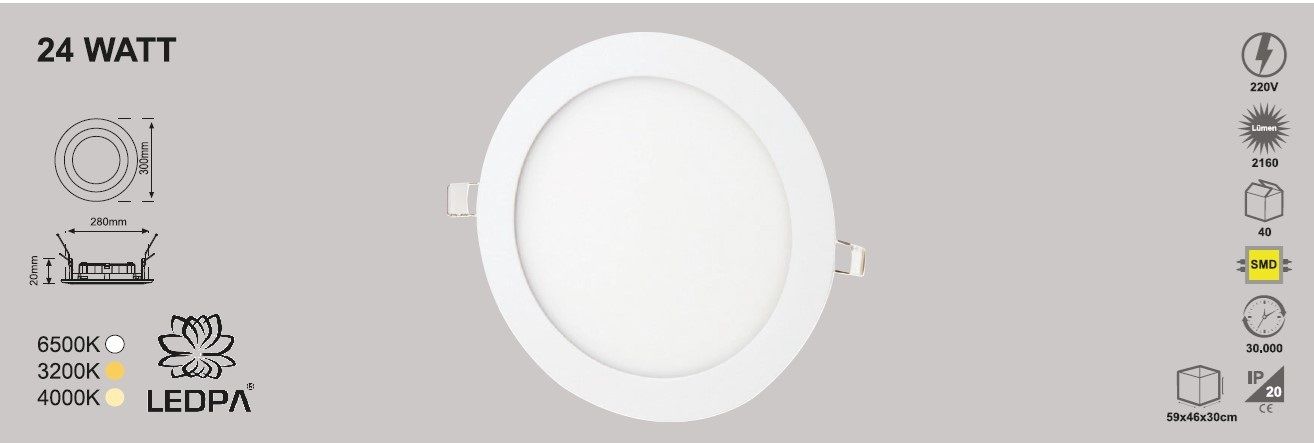 24W SLIM LED PANEL SIVA ALTI , 24W PANEL LED , 24W 4000KELVIN , NATUREL BEYAZ