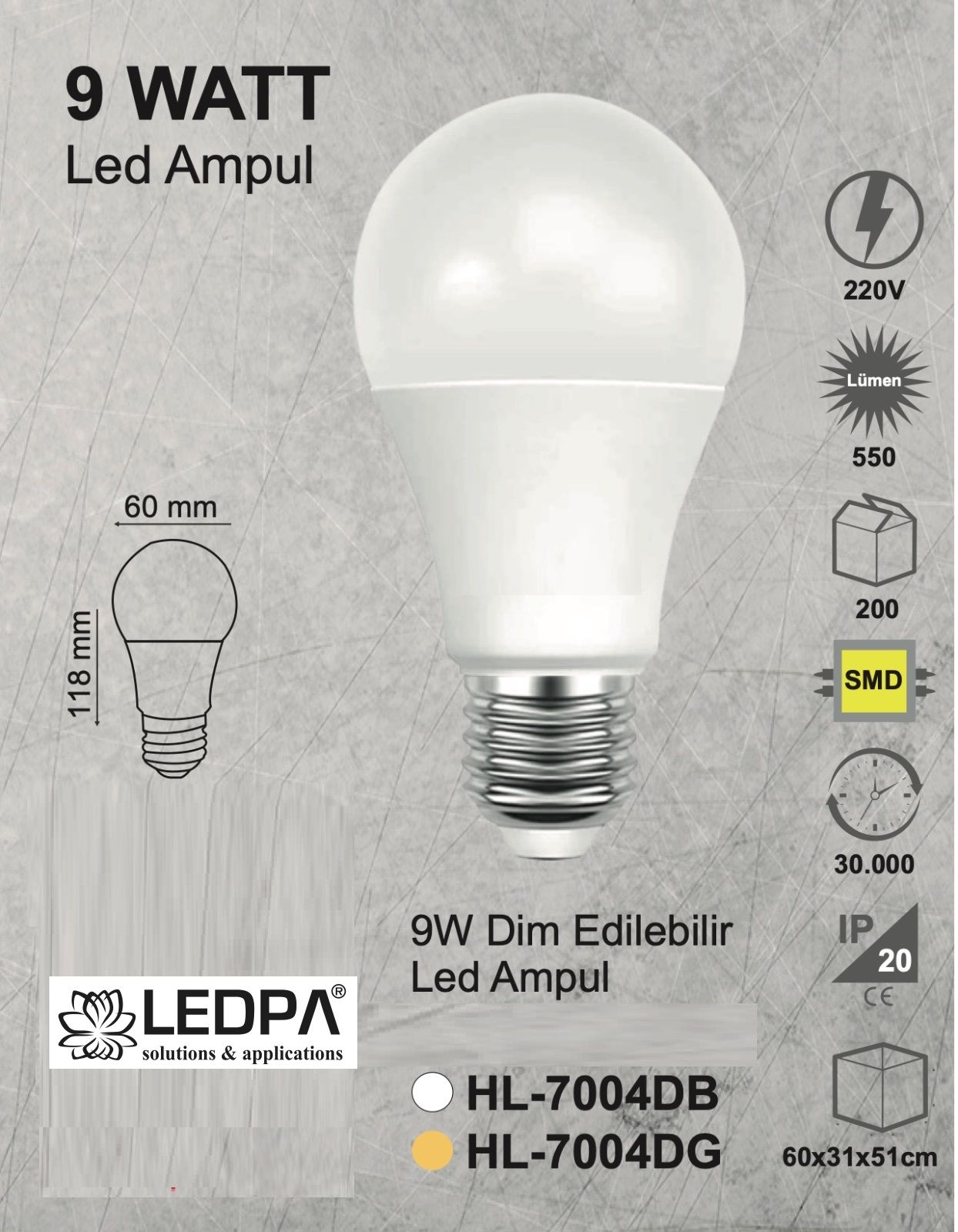 AMPUL 9W 220V ( eski 60w )  E27 AMPUL , 9W AMPUL LED BULB , 220V AC DİM ( AÇMA-KISMA ) YAPILABİLİR