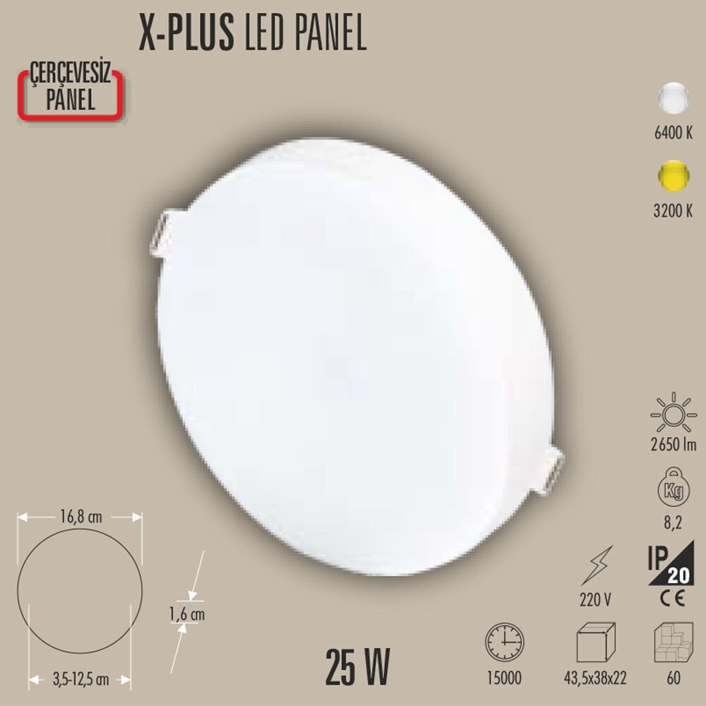 25W SLIM LED PANEL SIVA ÜSTÜ, 25W PANEL LED, 3200K/6400K, BEYAZ