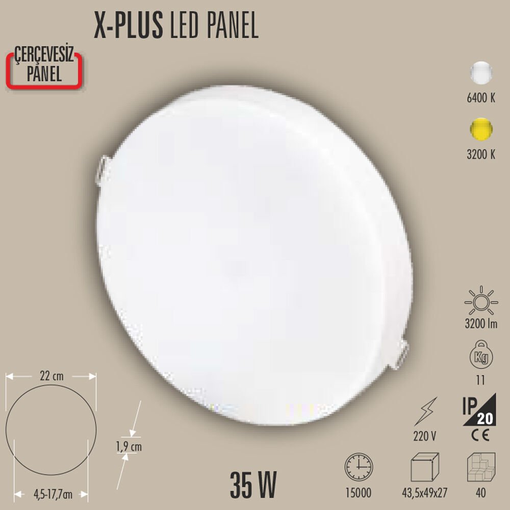 35W SLIM LED PANEL SIVA ÜSTÜ, 35W PANEL LED, 3200K/6400K, BEYAZ