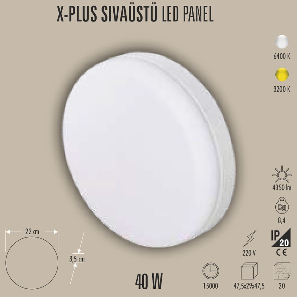 40W SLIM LED PANEL SIVA ÜSTÜ, 40W PANEL LED, 3200K/6400K, BEYAZ