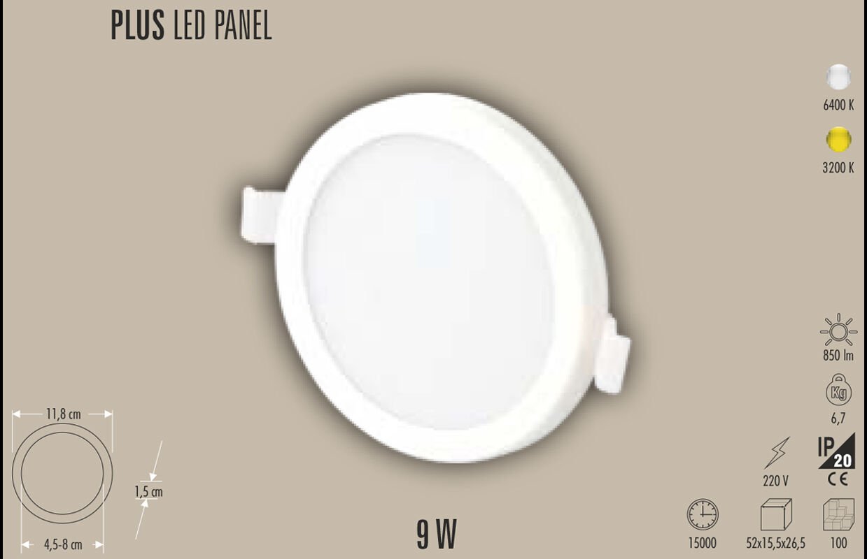 9W SLIM LED PANEL SIVA ÜSTÜ, 9W PANEL LED, 3200K/6400K, BEYAZ