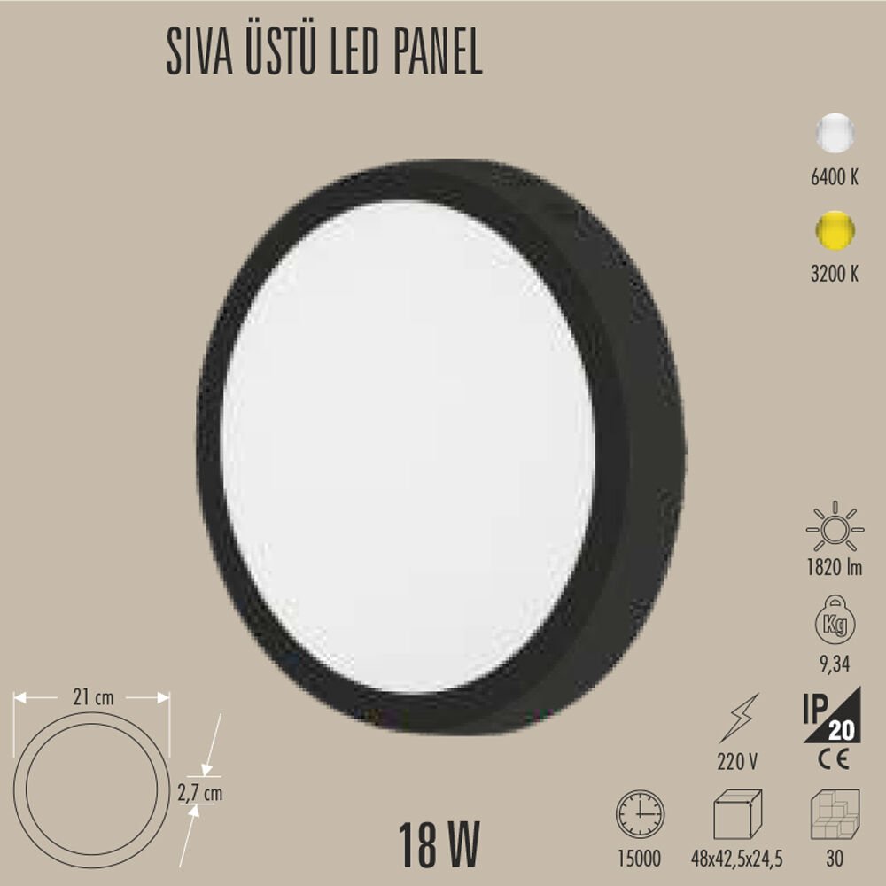 18W LED PANEL SIVA ÜSTÜ, 18W PANEL LED, 3200K/6400K, BEYAZ, SİYAH KASA