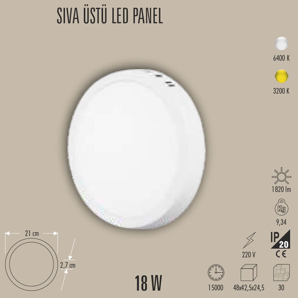 18W LED PANEL SIVA ÜSTÜ, 3200K/6400K, BEYAZ