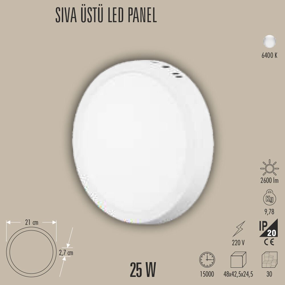 25W LED PANEL SIVA ÜSTÜ, 3200K/6400K, BEYAZ