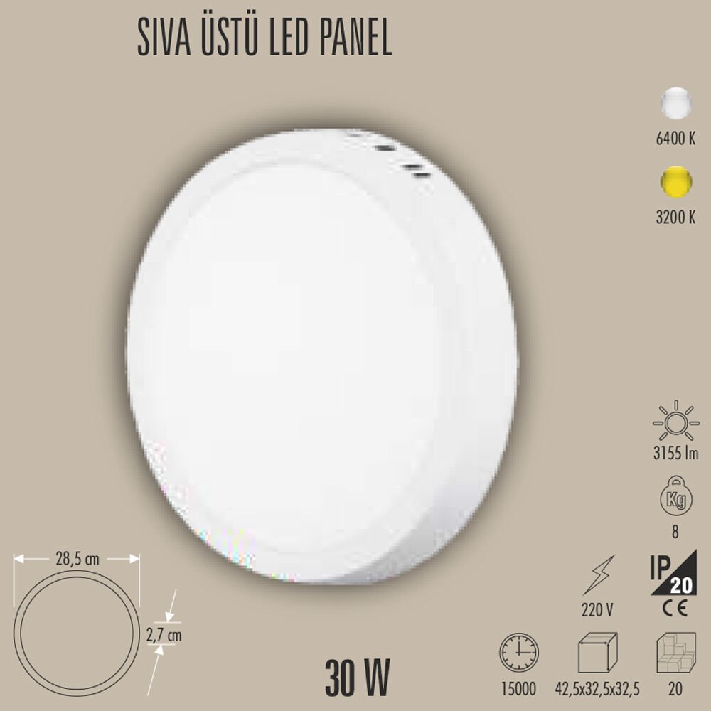 30W LED PANEL SIVA ÜSTÜ, 3200K/6400K, BEYAZ