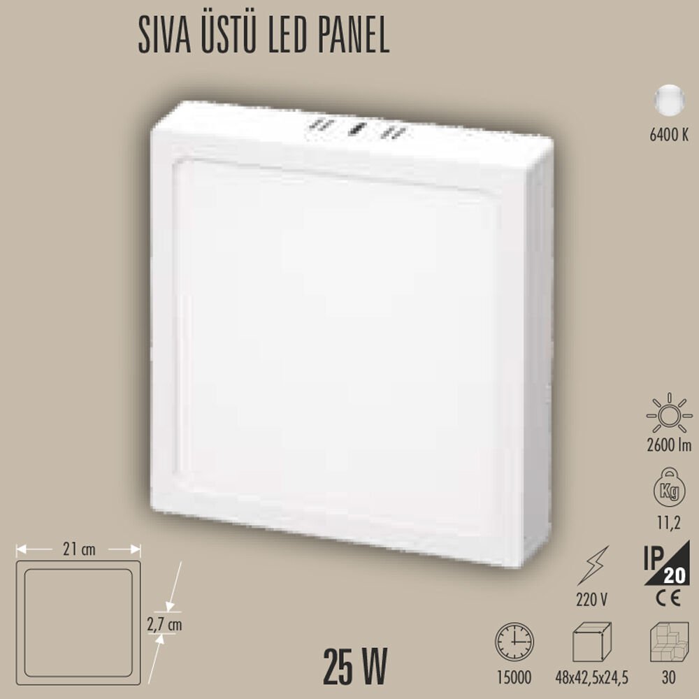 25W LED PANEL SIVA ÜSTÜ KARE, 3200K/6400K, BEYAZ