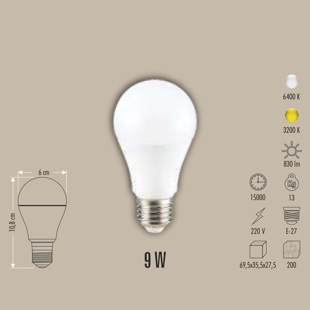 9W LED AMPUL E27, 3200K/6400K, BEYAZ