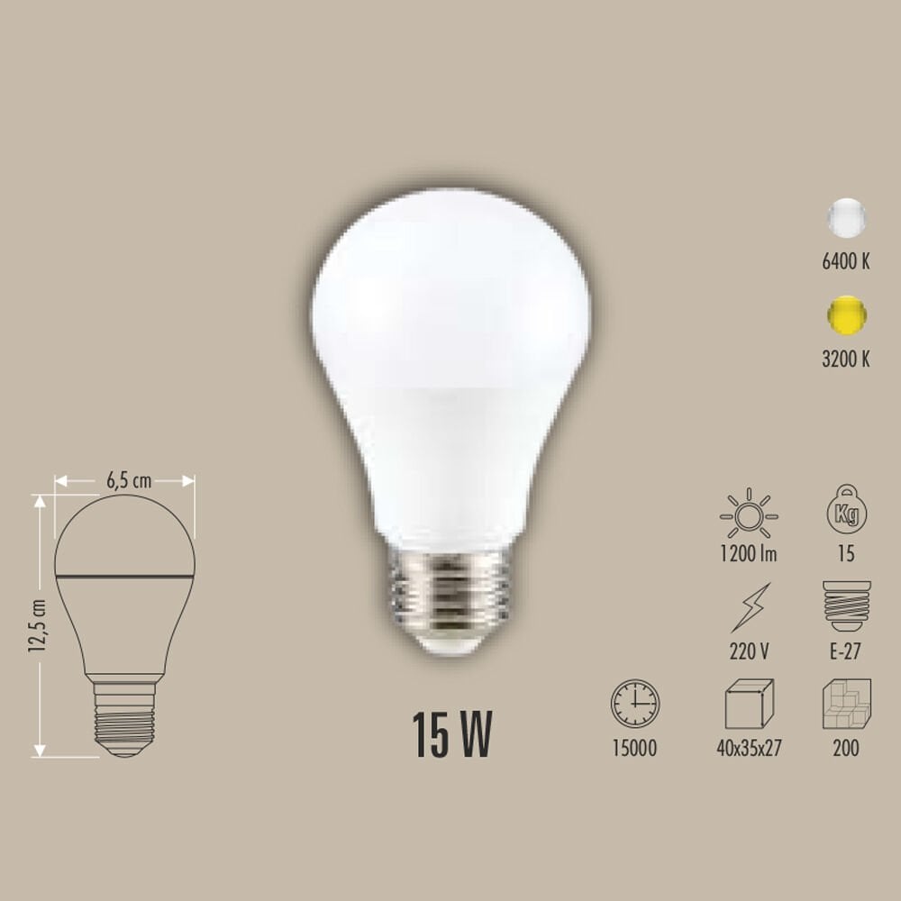15W LED AMPUL E27, 3200K/6400K, BEYAZ