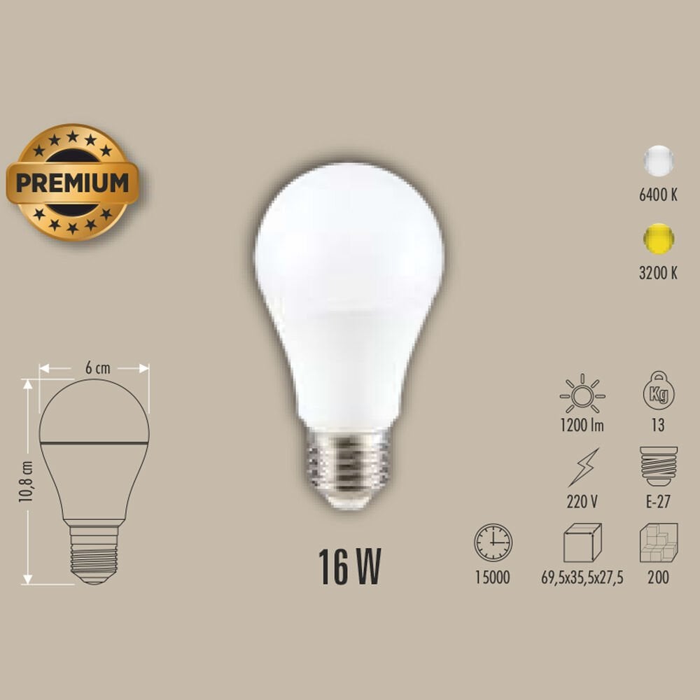 16W LED AMPUL E27 PREMIUM, 3200K/6400K, BEYAZ