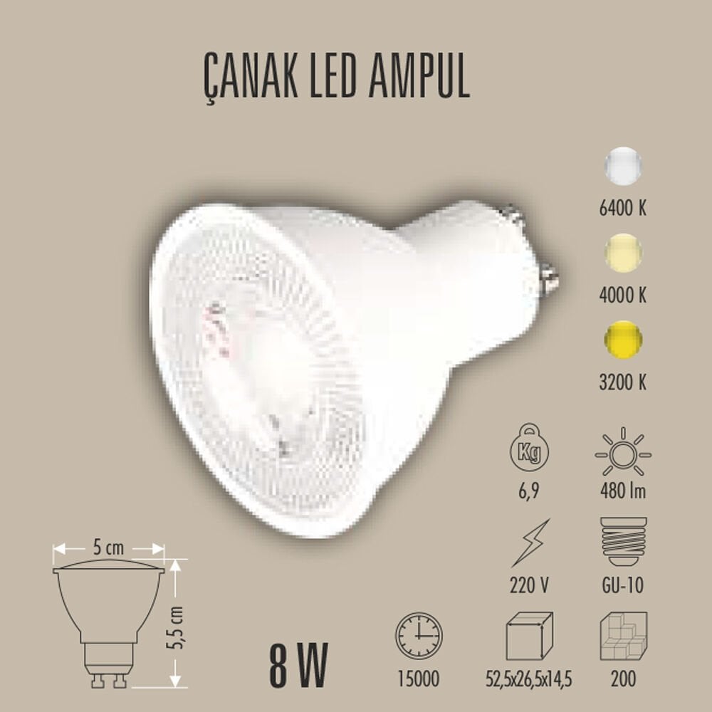 8W ÇANAK LED AMPUL GU10, 3200K/6400K