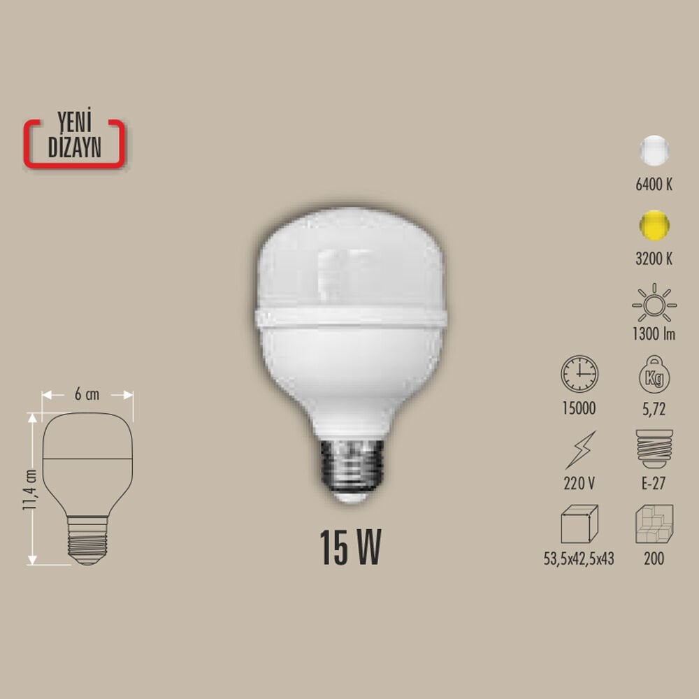 15W LED AMPUL TORCH E27, 3200K/6400K, BEYAZ
