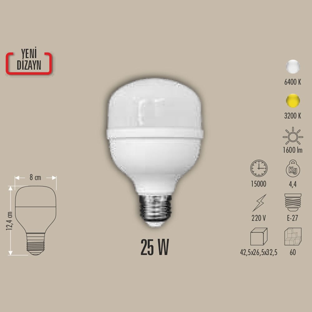 25W LED AMPUL TORCH E27, 3200K/6400K, BEYAZ