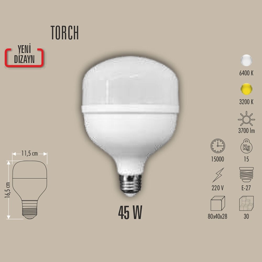 45W LED AMPUL TORCH E27, 3200K/6400K, BEYAZ