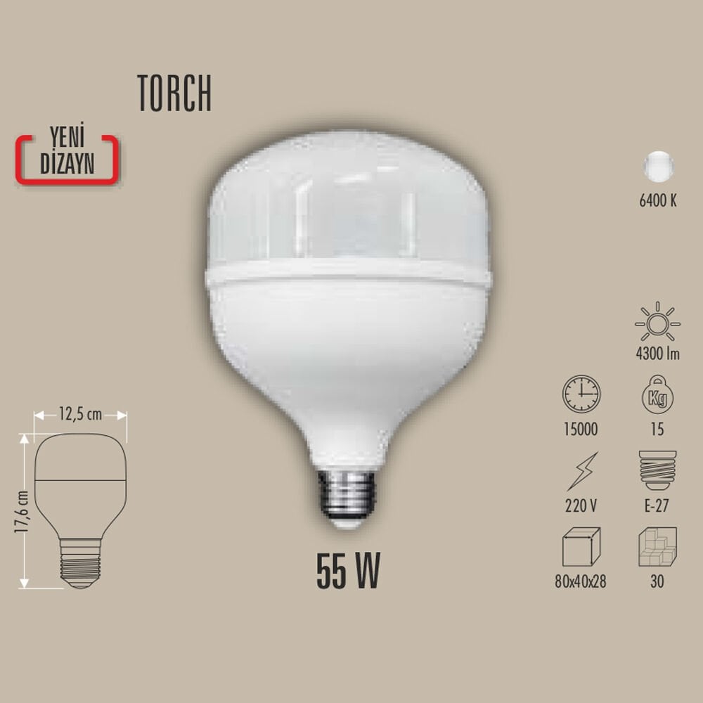 55W LED AMPUL TORCH E27, 3200K/6400K, BEYAZ