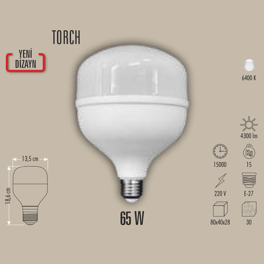 65W LED AMPUL TORCH E27, 3200K/6400K, BEYAZ
