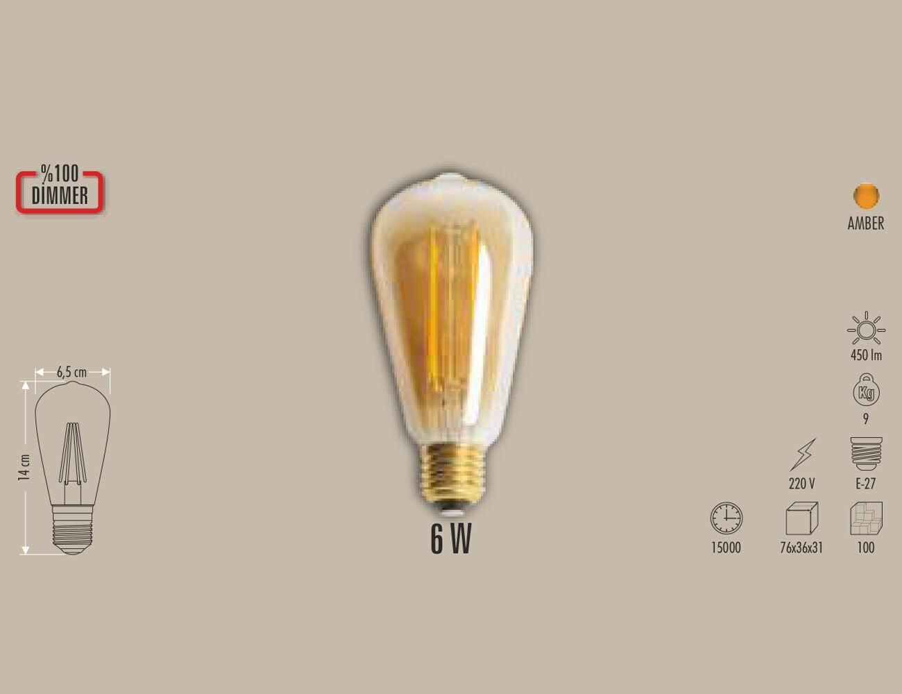 6W DİMMERLİ LED FİLAMENT AMPUL E27 AMBER