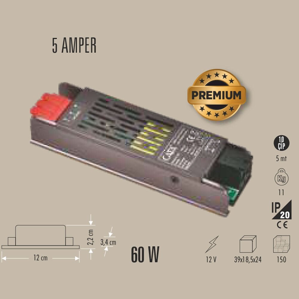 60W LED TRAFO 5 AMPER 12V KLEMENSLİ