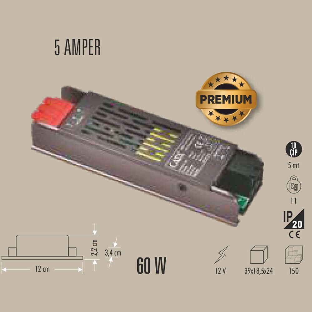 60W LED TRAFO 5 AMPER 12V KLEMENSLİ