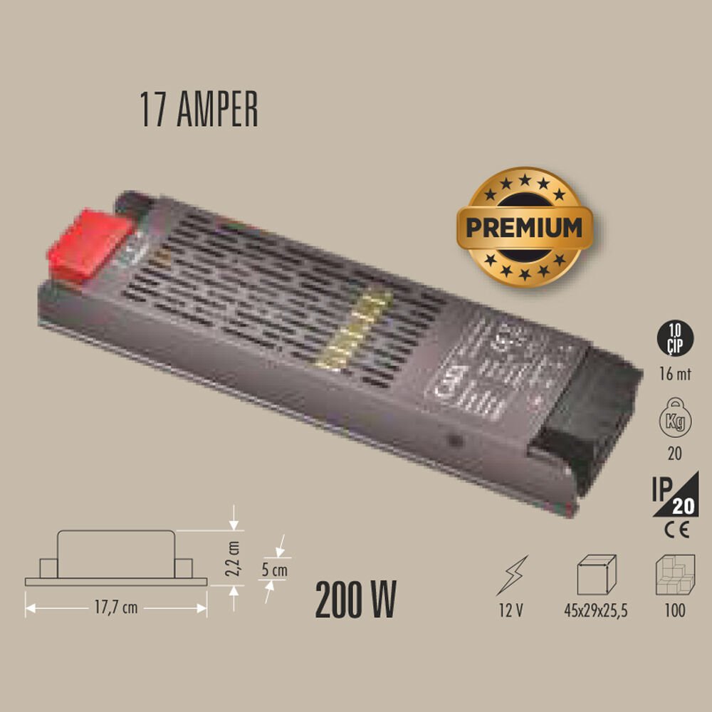 200W LED TRAFO 17 AMPER 12V KLEMENSLİ
