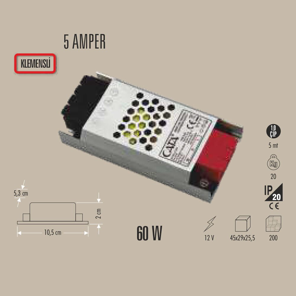 60W LED TRAFO 5 AMPER 12V KLEMENSLİ