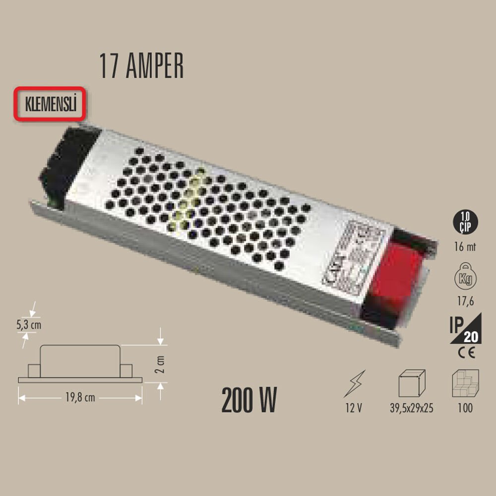 200W LED TRAFO 17 AMPER 12V KLEMENSLİ