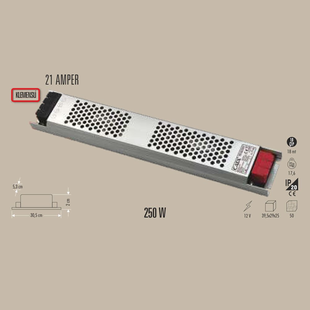 250W LED TRAFO 21 AMPER 12V KLEMENSLİ