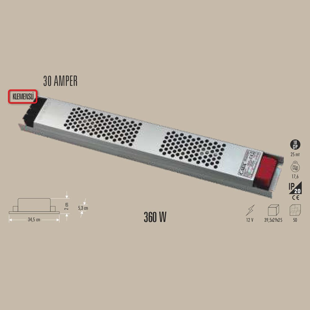 360W LED TRAFO 30 AMPER 12V KLEMENSLİ