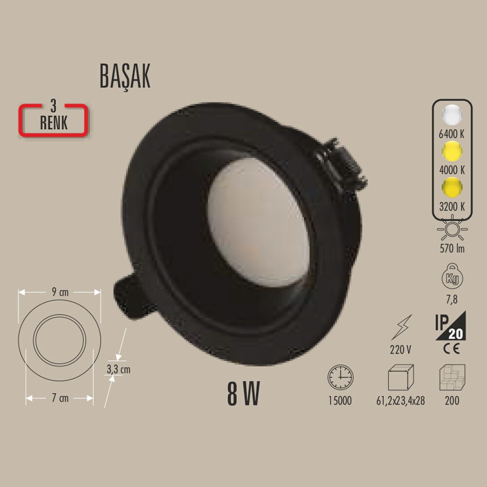 BAŞAK SİYAH LED SPOT 8W