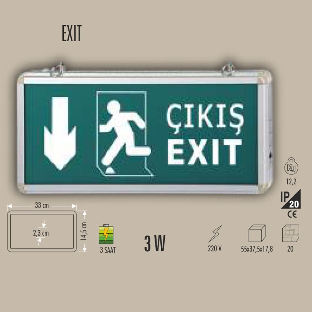 EXIT ACİL ÇIKIŞ ARMATÜRÜ (AŞAĞI OK) 3W
