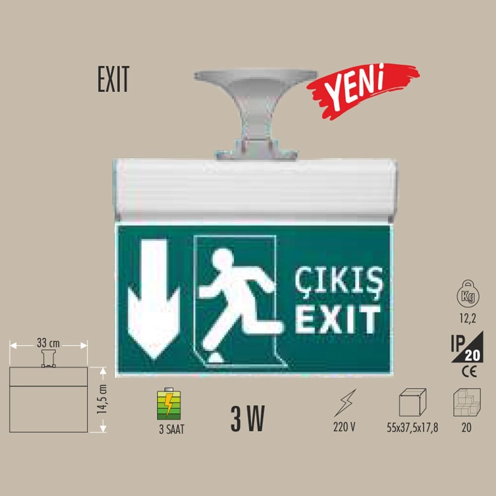 EXIT TAVAN TİPİ ACİL ÇIKIŞ ARMATÜRÜ (AŞAĞI OK) 3W