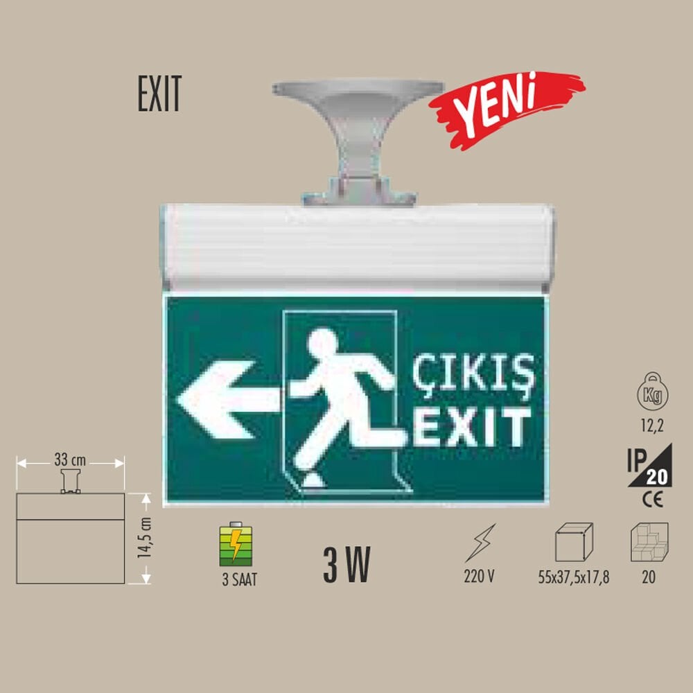 EXIT TAVAN TİPİ ACİL ÇIKIŞ ARMATÜRÜ (SOL OK) 3W