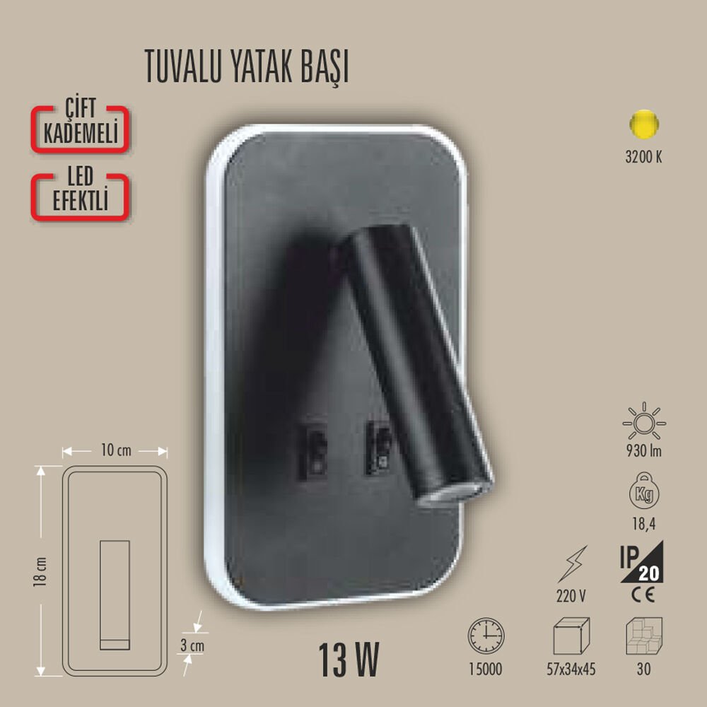 TUVALU YATAK BAŞI LED APLİK 13W (ÇİFT KADEMELİ)