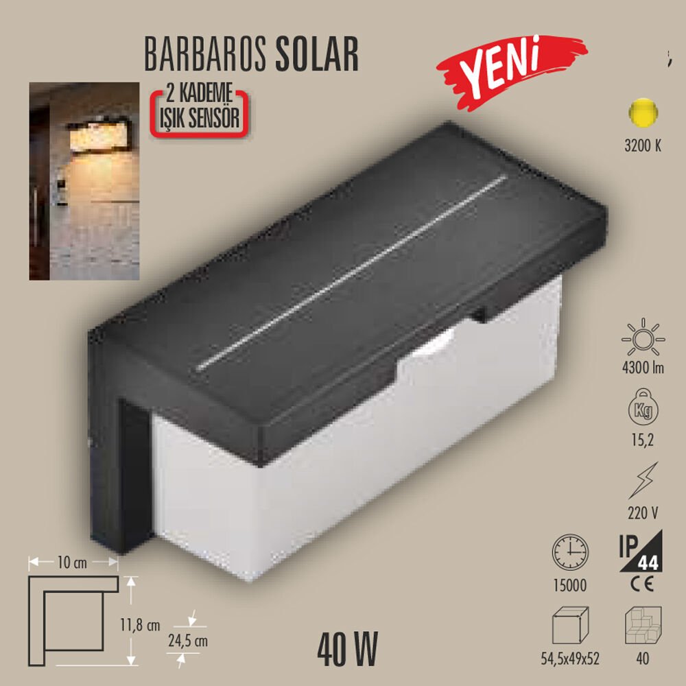 BARBAROS SOLAR LED APLİK 40W SENSÖRLÜ DIŞ MEKAN AYDINLATMA