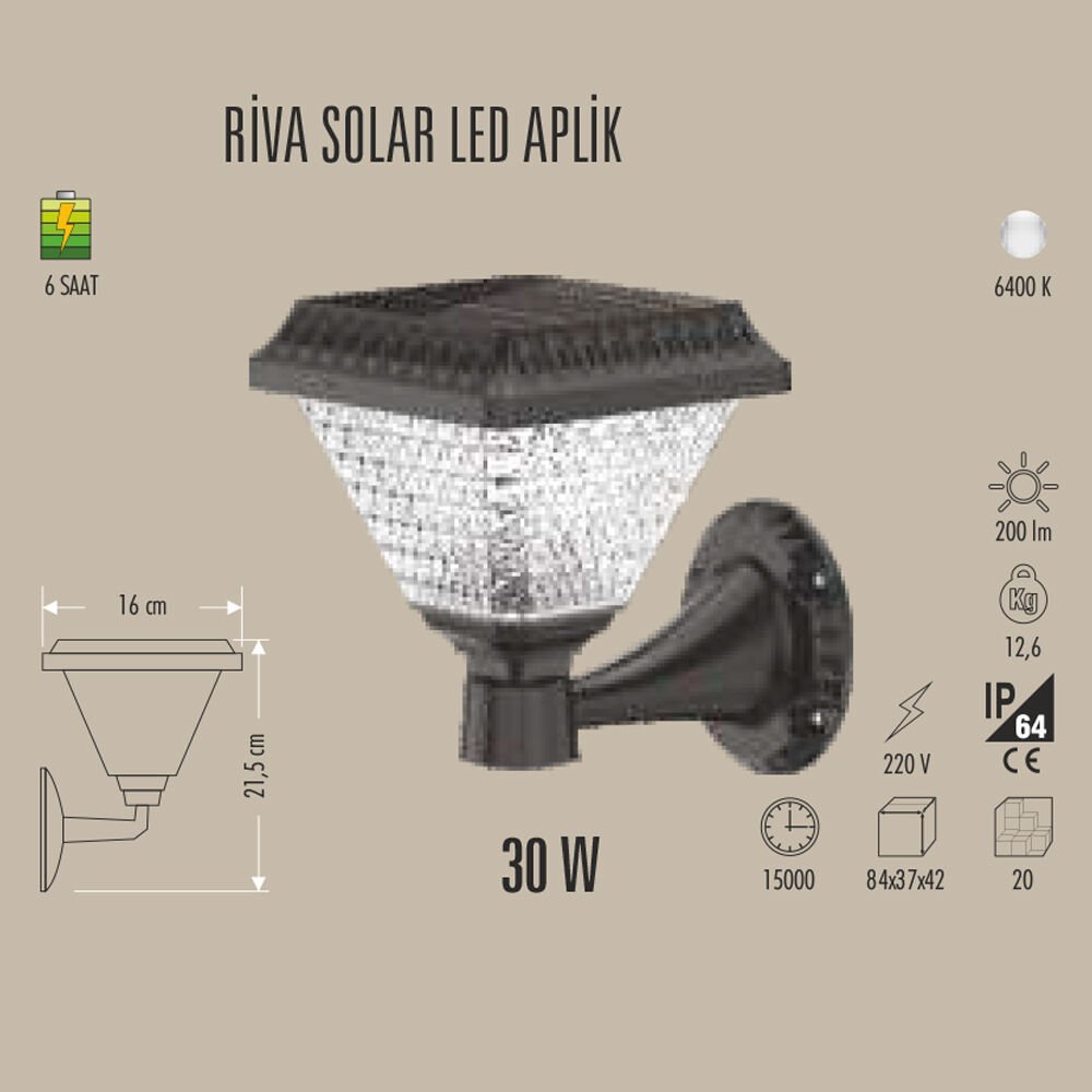 RIVA SOLAR LED APLİK 30W DIŞ MEKAN AYDINLATMA