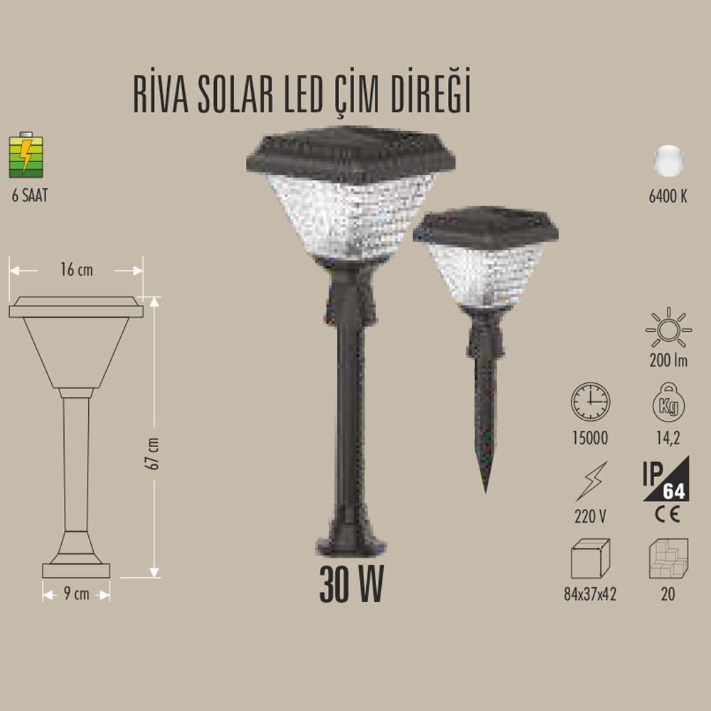 RIVA SOLAR LED ÇİM DİREĞİ 30W BAHÇE AYDINLATMA