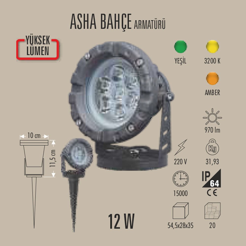 ASHA SOLAR BAHÇE ARMATÜRÜ 12W