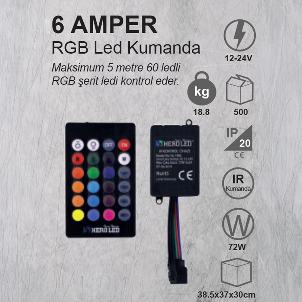 RGB LED KONTROLLER , RGB KUMANDA , 6 AMPER , LED KONTROL