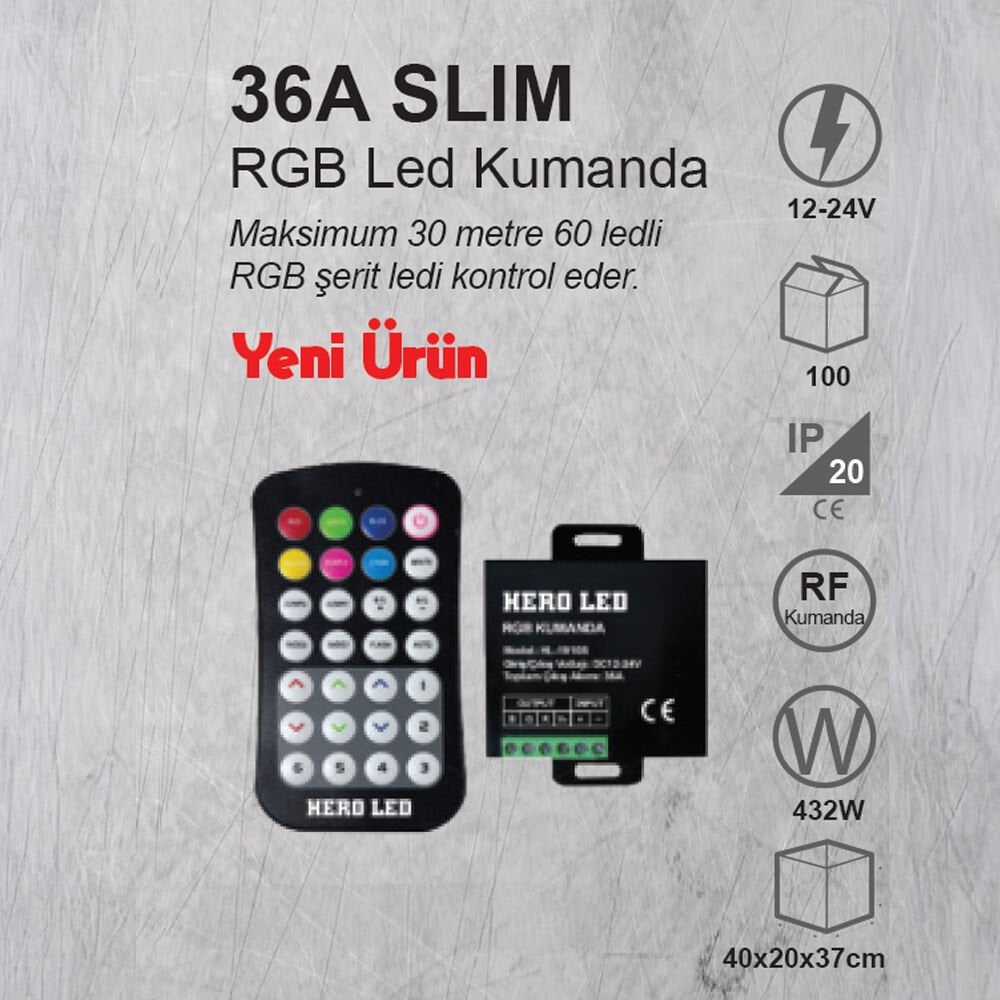 RGB LED KONTROLLER , RGB KUMANDA , 36 AMPER SLIM , LED KONTROL