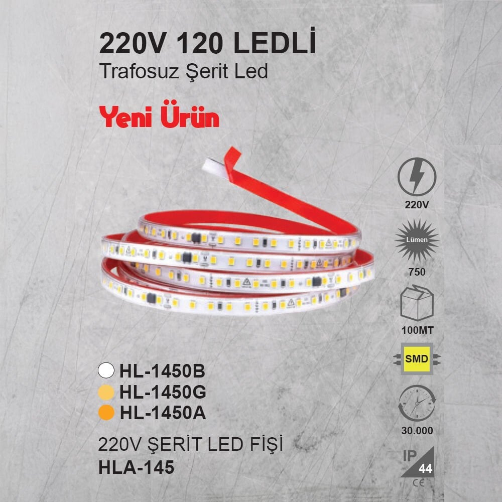ŞERİT LED , 220V , 120 LEDLİ , TRAFOSUZ , LED AYDINLATMA