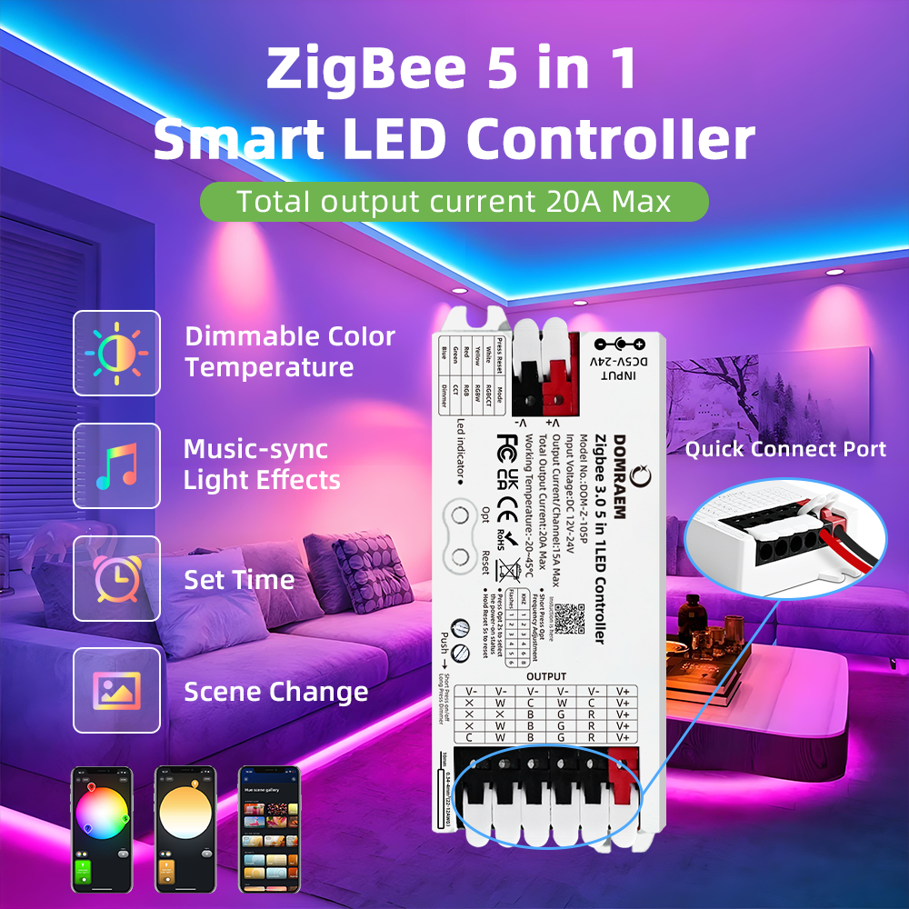 DOMRAEM Zigbee 3.0 5-in-1 Smart LED Controller ,  DOM-Z-105P Supports standard dimmable LED strips including DIMMER, WW/CW, RGB, RGBW, and RGB+CCT types.
